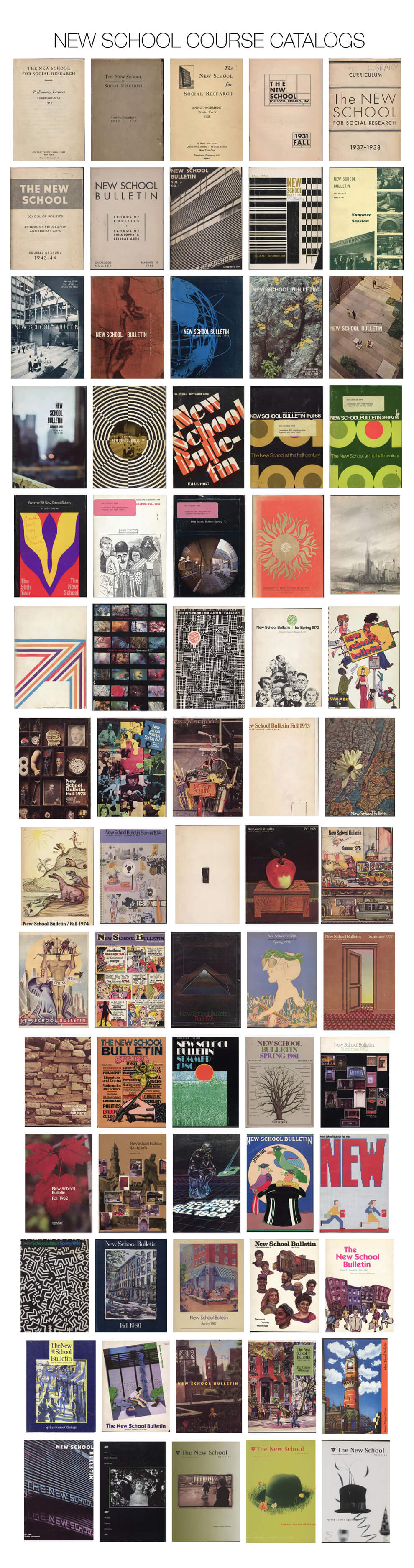 A collage of the covers of the New School catalogs over the years.