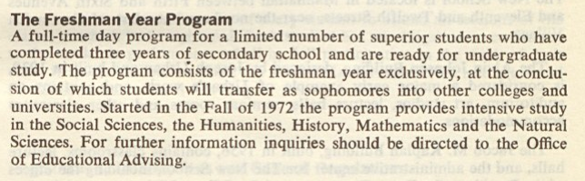 The first official description and publication of the New School’s Freshman Year Program