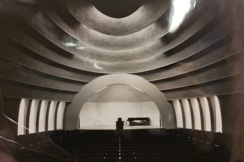 Black and white photo of an auditorium. 