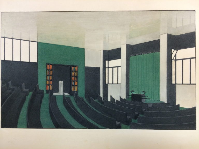 Illustration of a classroom with green walls and a green curtain behind a podium.