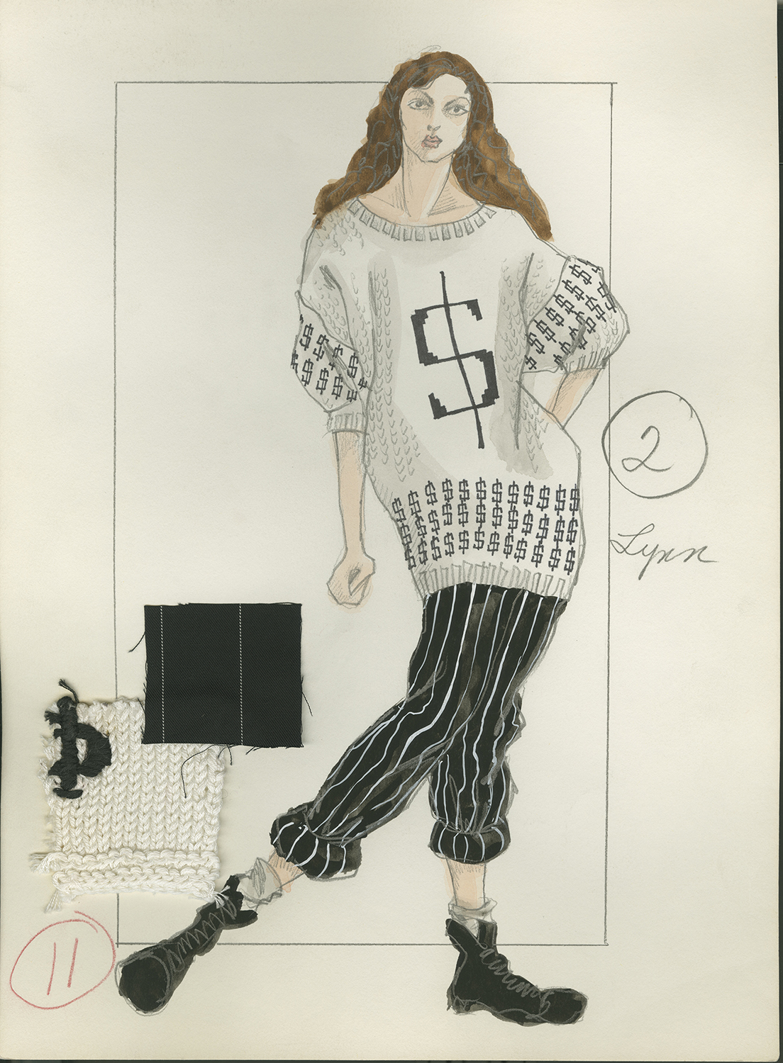 Illustration of a woman in a long sweater with a dollar symbol.
