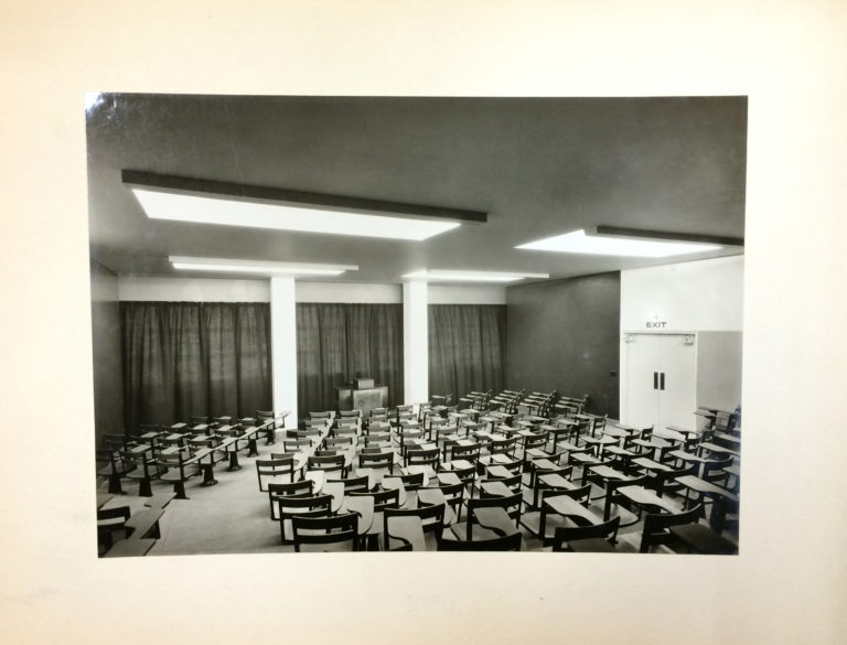 Black and white photo of a classroom