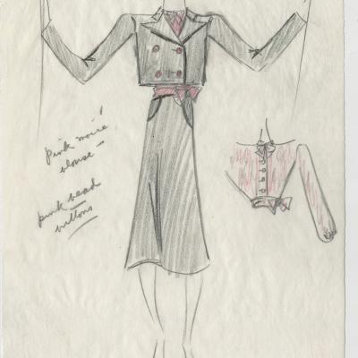 Illustration of women's Black Wool Suit with Pink Moiré Blouse and Bead Buttons