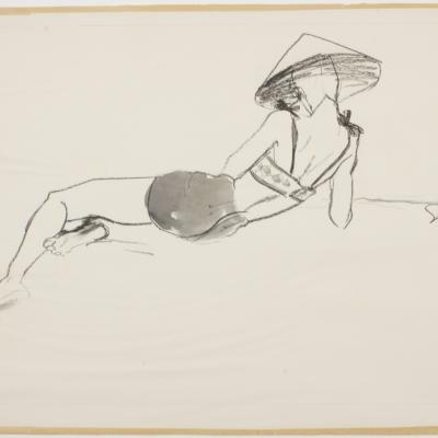 Sketch of the back of a woman wearing a two-piece swimsuit and a hat.