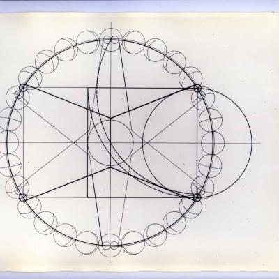 A geometric drawing of intersecting circles and connecting lines