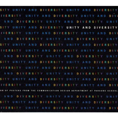 Cover of a catalog with a black backdrop and letters in different colors.