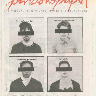 Cover of a newspaper with four black and white images of people with black bars across their eyes.