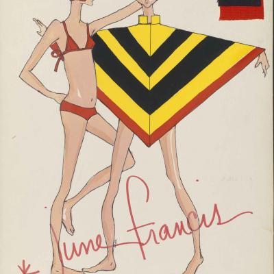 illustration of a woman in a red bikini and another woman in a yellow and black striped poncho.