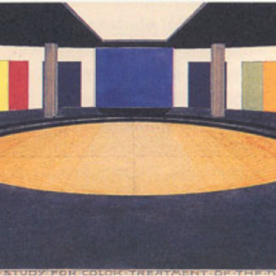 Illustration of a round dance studio with colorful walls and a black floor. 