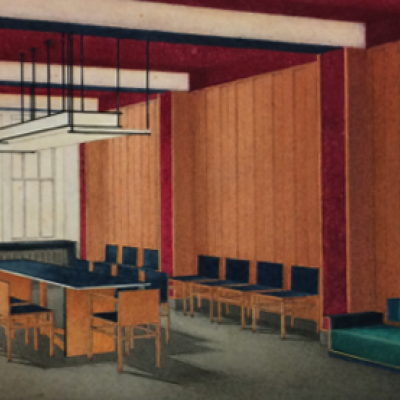 Illustration of a wood-paneled dining room. 