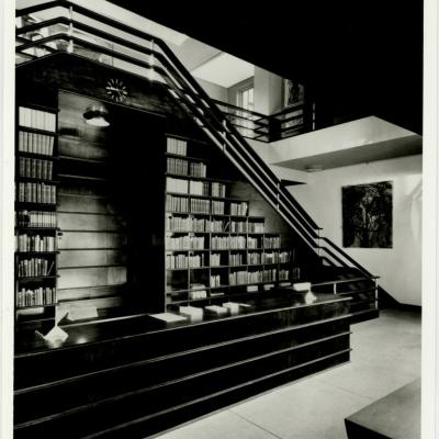 black and white photo of a library
